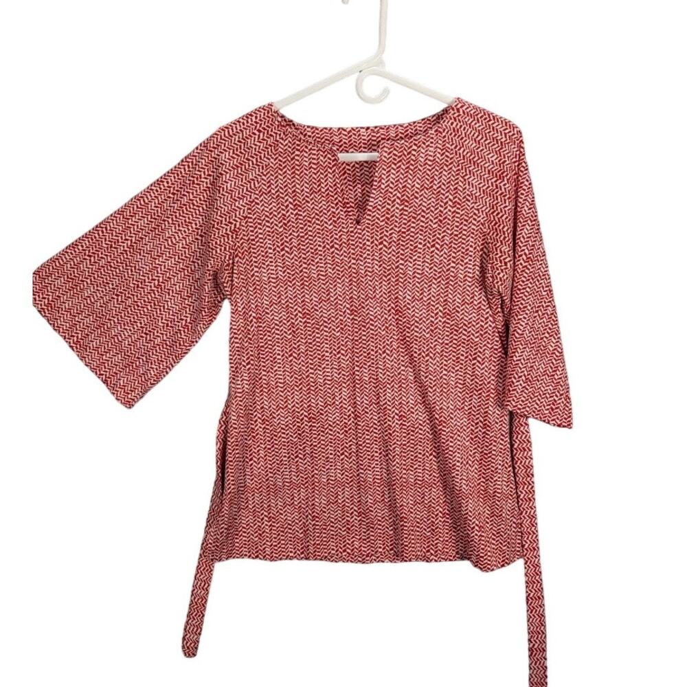 Vintage Shirt Womens 10 Belt Knit Polyester Red White Geometric half bell sleeve